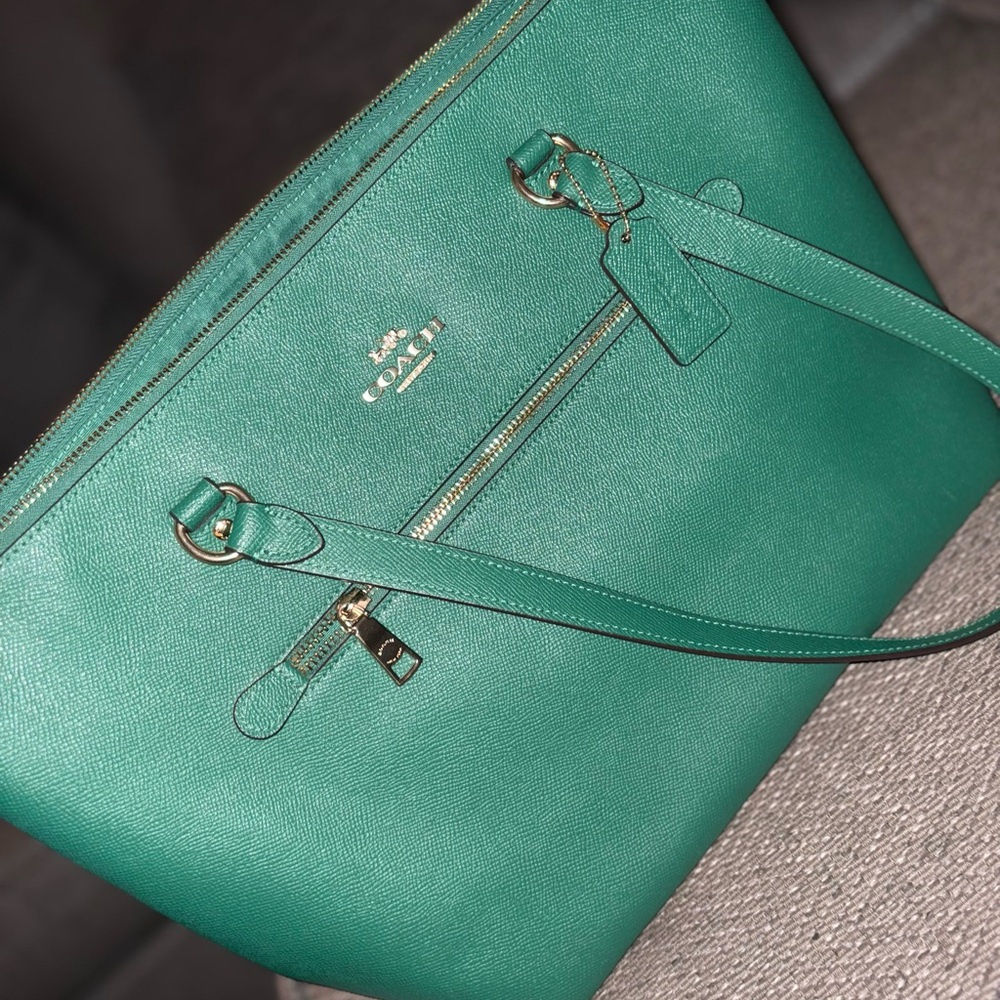 COACH Teal Green Leather Zip Tote with Gold Hardware
